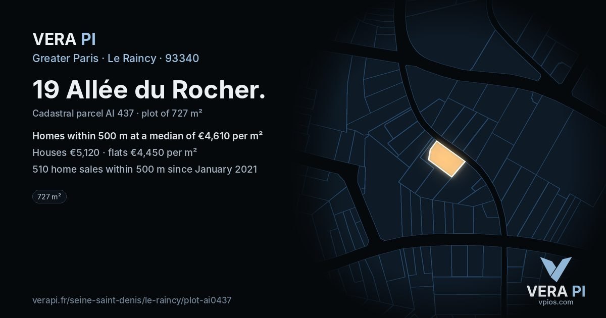 19 Allée du Rocher, Le Raincy at night – the plot lit, the parcels around coloured by the prices near them