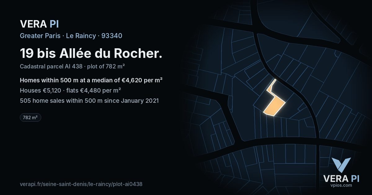 19 bis Allée du Rocher, Le Raincy at night – the plot lit, the parcels around coloured by the prices near them