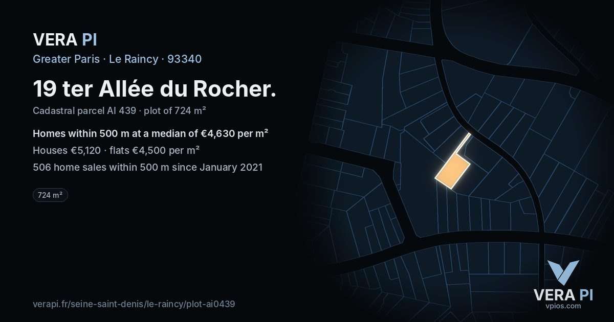 19 ter Allée du Rocher, Le Raincy at night – the plot lit, the parcels around coloured by the prices near them