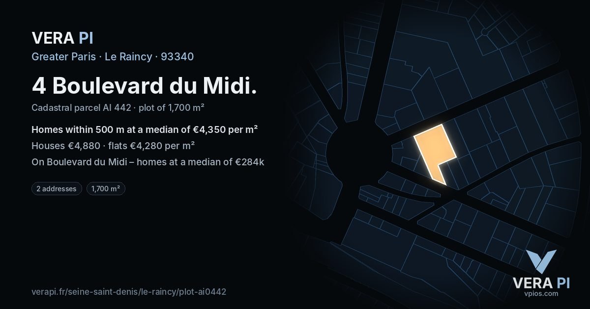 4 Boulevard du Midi, Le Raincy at night – the plot lit, the parcels around coloured by the prices near them