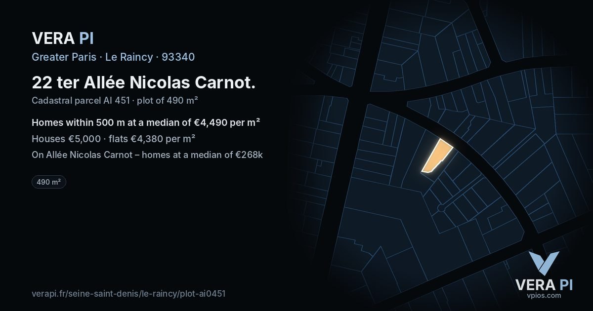 22 ter Allée Nicolas Carnot, Le Raincy at night – the plot lit, the parcels around coloured by the prices near them