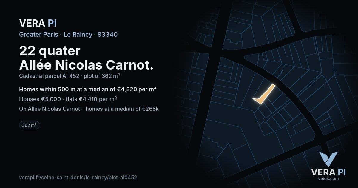 22 quater Allée Nicolas Carnot, Le Raincy at night – the plot lit, the parcels around coloured by the prices near them