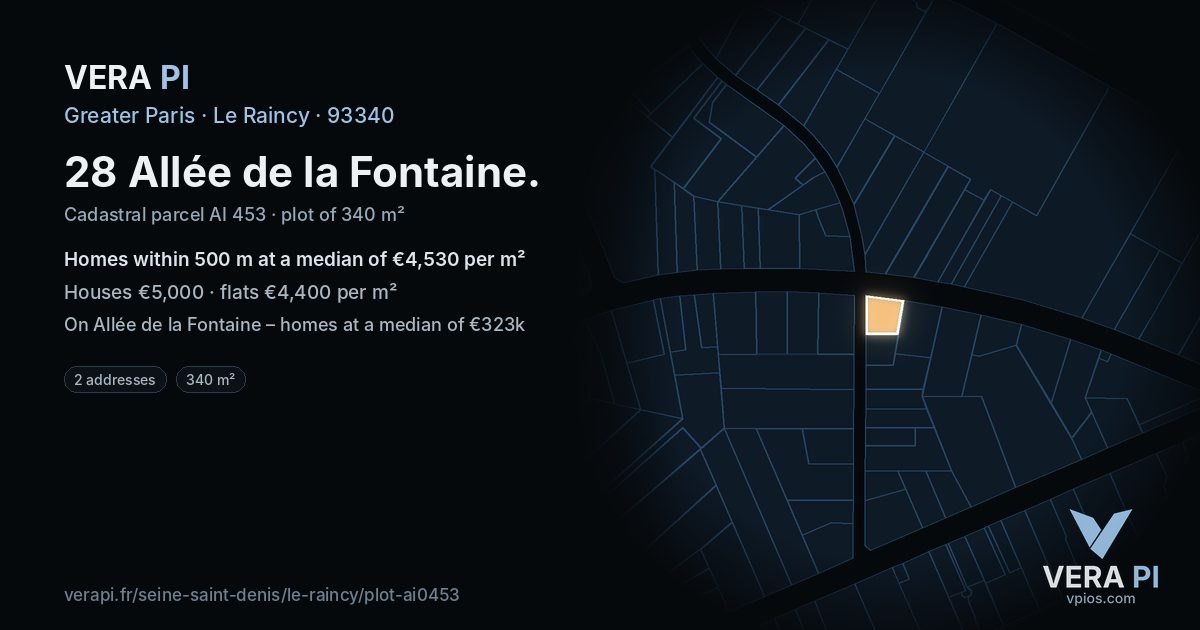 28 Allée de la Fontaine, Le Raincy at night – the plot lit, the parcels around coloured by the prices near them