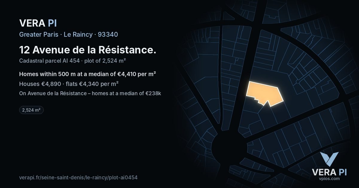 12 Avenue de la Résistance, Le Raincy at night – the plot lit, the parcels around coloured by the prices near them