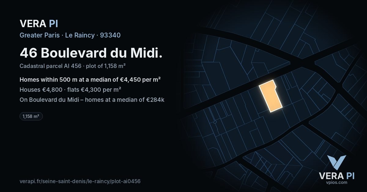 46 Boulevard du Midi, Le Raincy at night – the plot lit, the parcels around coloured by the prices near them