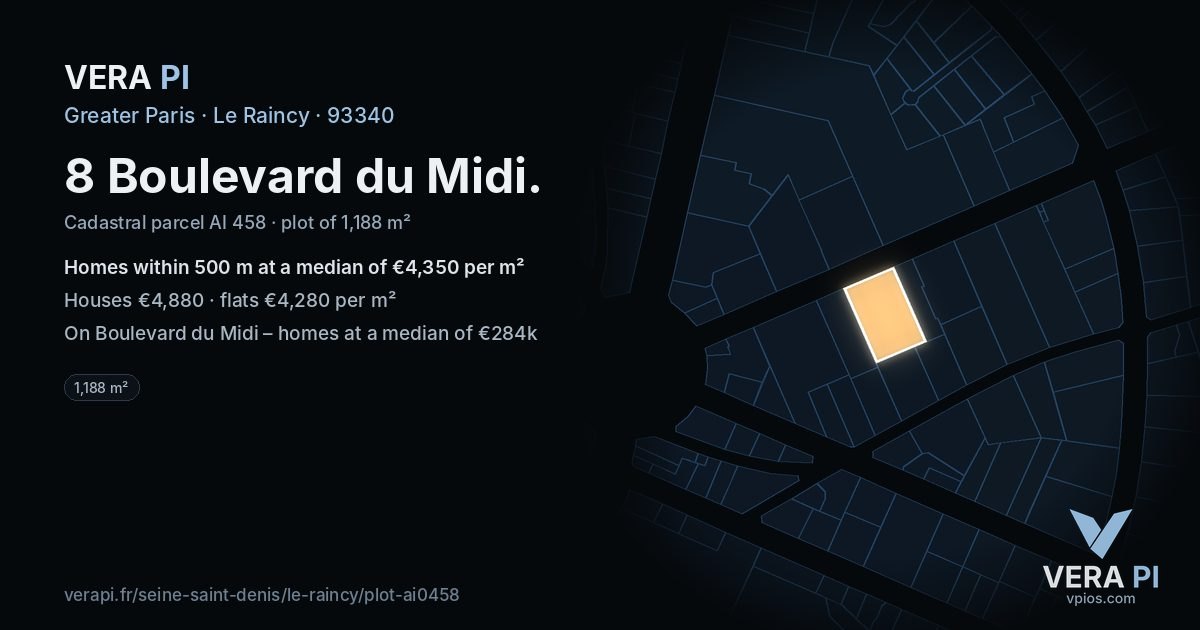 8 Boulevard du Midi, Le Raincy at night – the plot lit, the parcels around coloured by the prices near them