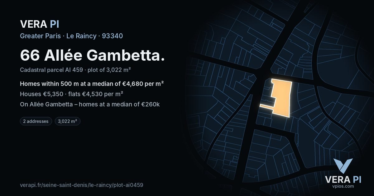 66 Allée Gambetta, Le Raincy at night – the plot lit, the parcels around coloured by the prices near them