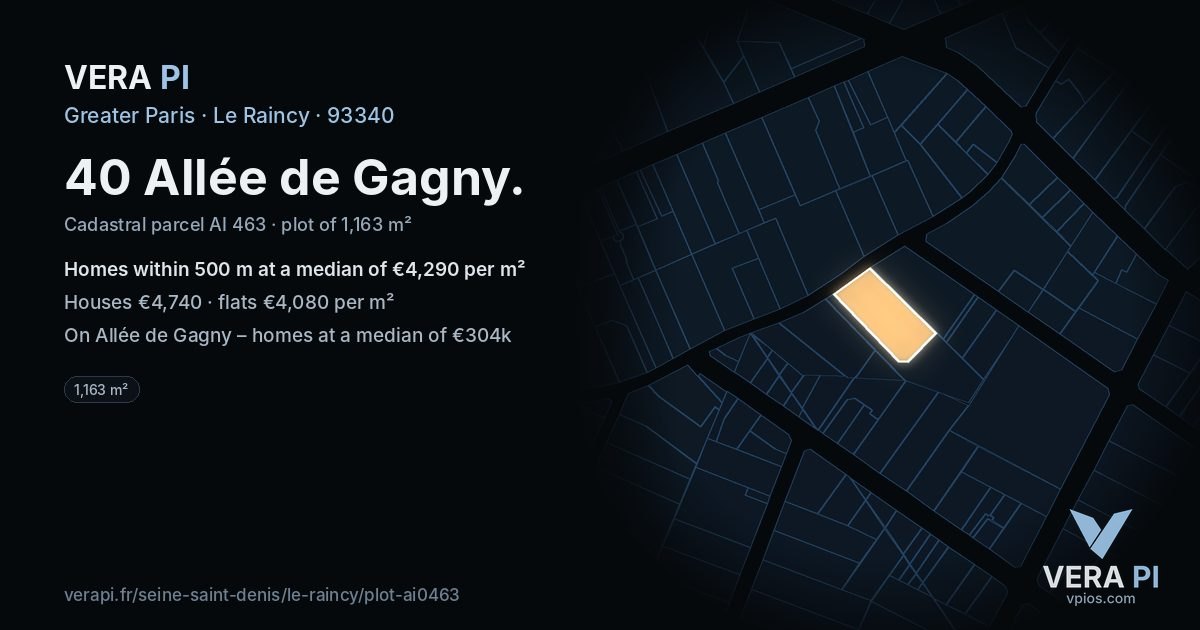 40 Allée de Gagny, Le Raincy at night – the plot lit, the parcels around coloured by the prices near them