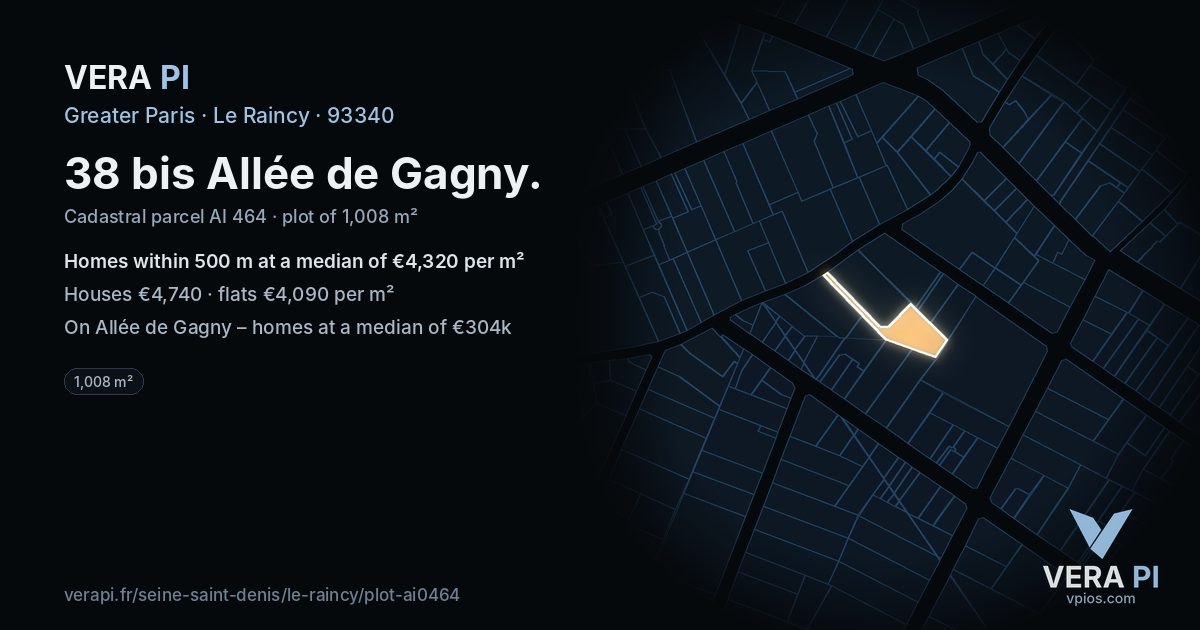 38 bis Allée de Gagny, Le Raincy at night – the plot lit, the parcels around coloured by the prices near them