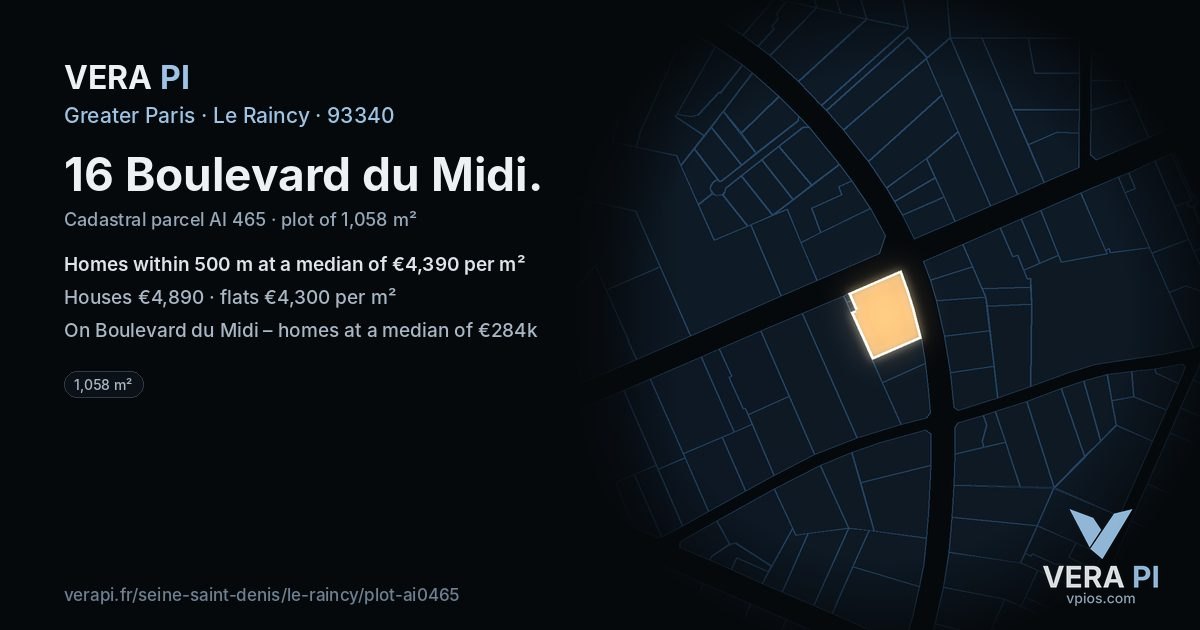 16 Boulevard du Midi, Le Raincy at night – the plot lit, the parcels around coloured by the prices near them