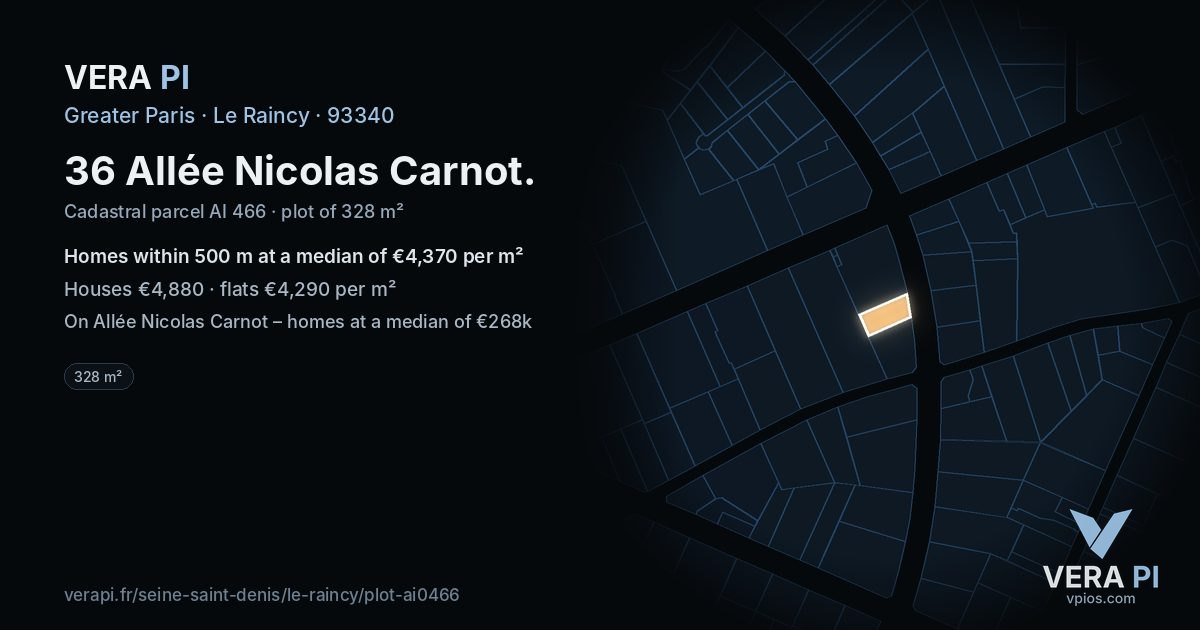 36 Allée Nicolas Carnot, Le Raincy at night – the plot lit, the parcels around coloured by the prices near them