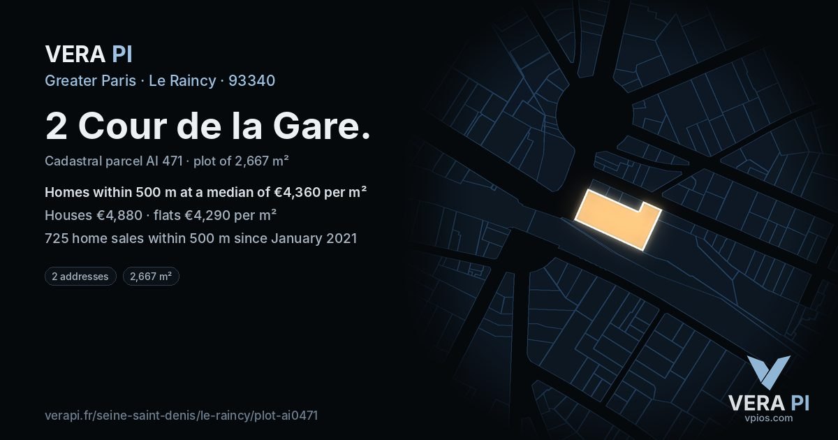 2 Cour de la Gare, Le Raincy at night – the plot lit, the parcels around coloured by the prices near them