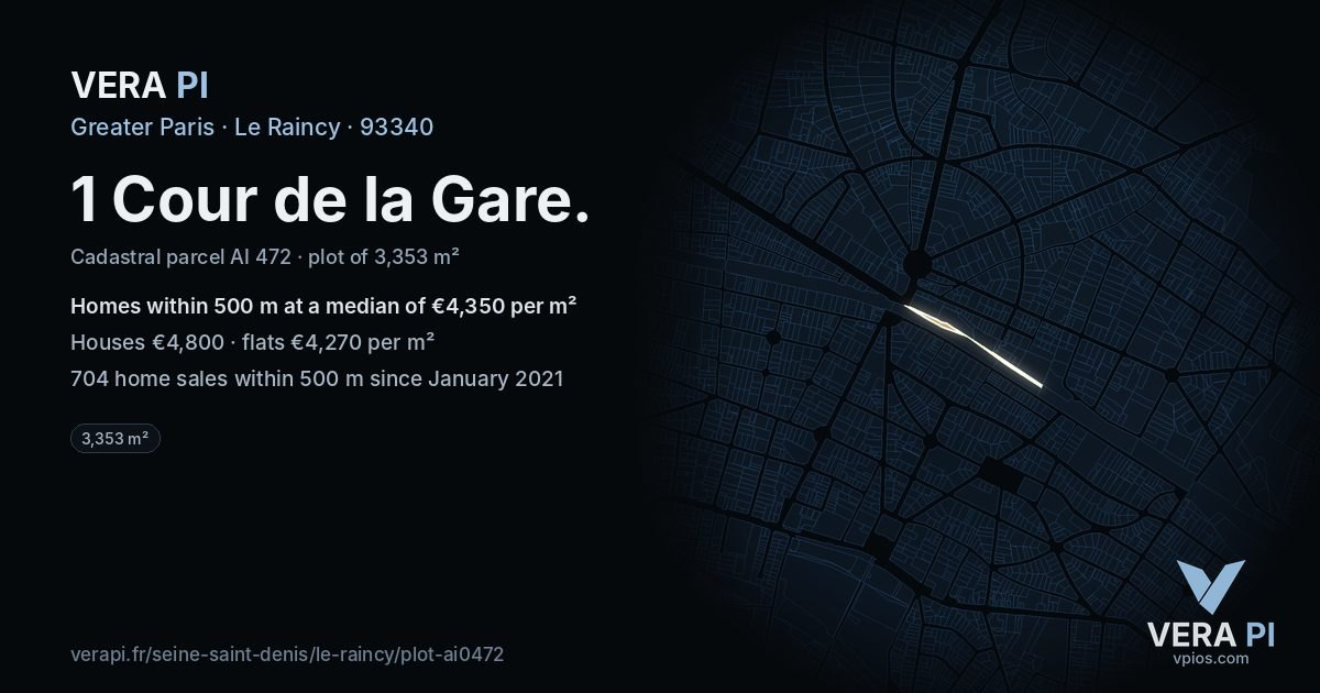 1 Cour de la Gare, Le Raincy at night – the plot lit, the parcels around coloured by the prices near them