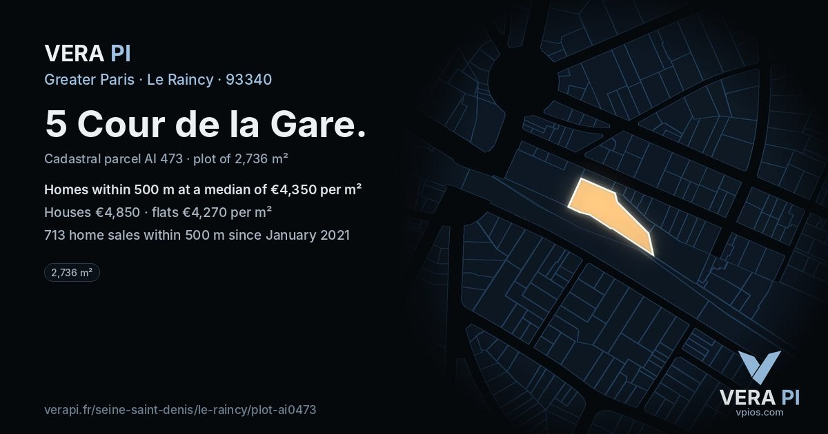 5 Cour de la Gare, Le Raincy at night – the plot lit, the parcels around coloured by the prices near them