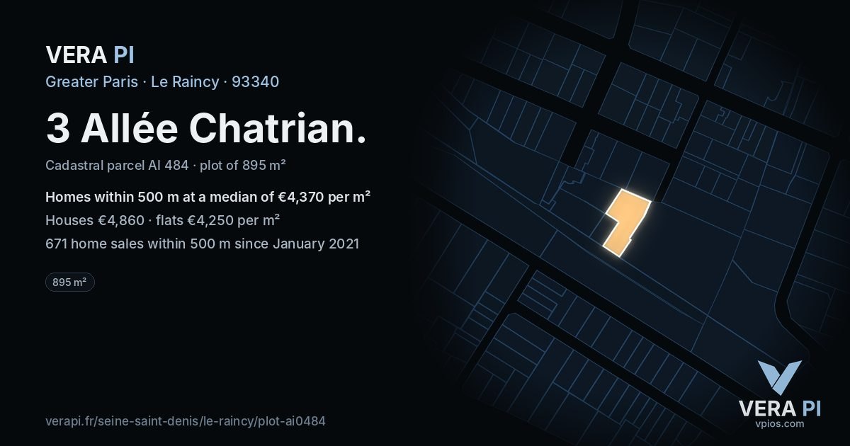 3 Allée Chatrian, Le Raincy at night – the plot lit, the parcels around coloured by the prices near them