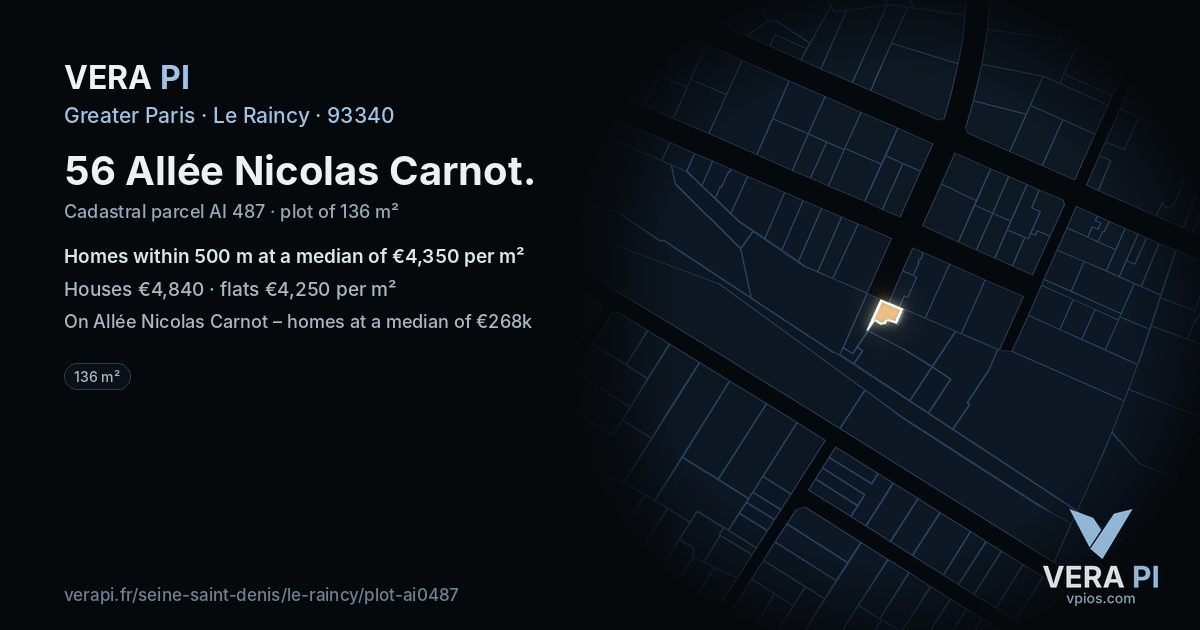56 Allée Nicolas Carnot, Le Raincy at night – the plot lit, the parcels around coloured by the prices near them
