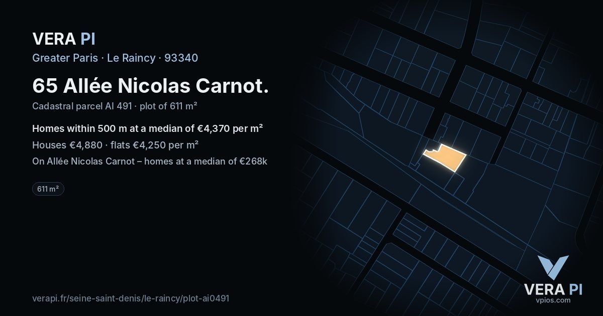 65 Allée Nicolas Carnot, Le Raincy at night – the plot lit, the parcels around coloured by the prices near them