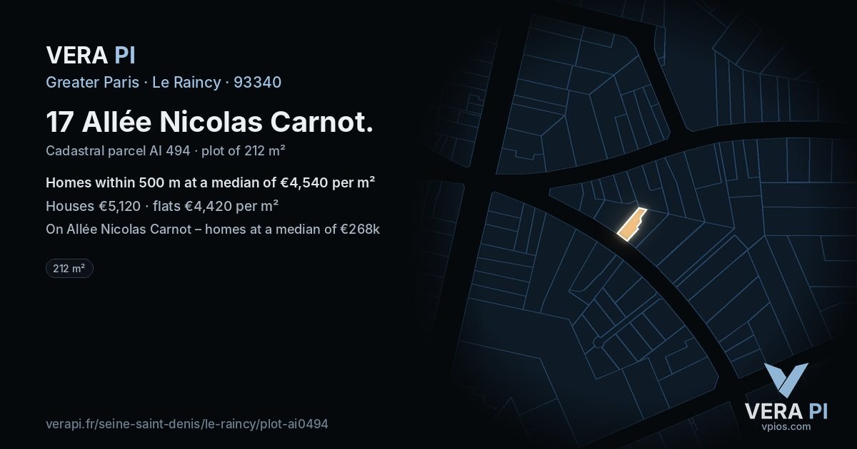 17 Allée Nicolas Carnot, Le Raincy at night – the plot lit, the parcels around coloured by the prices near them