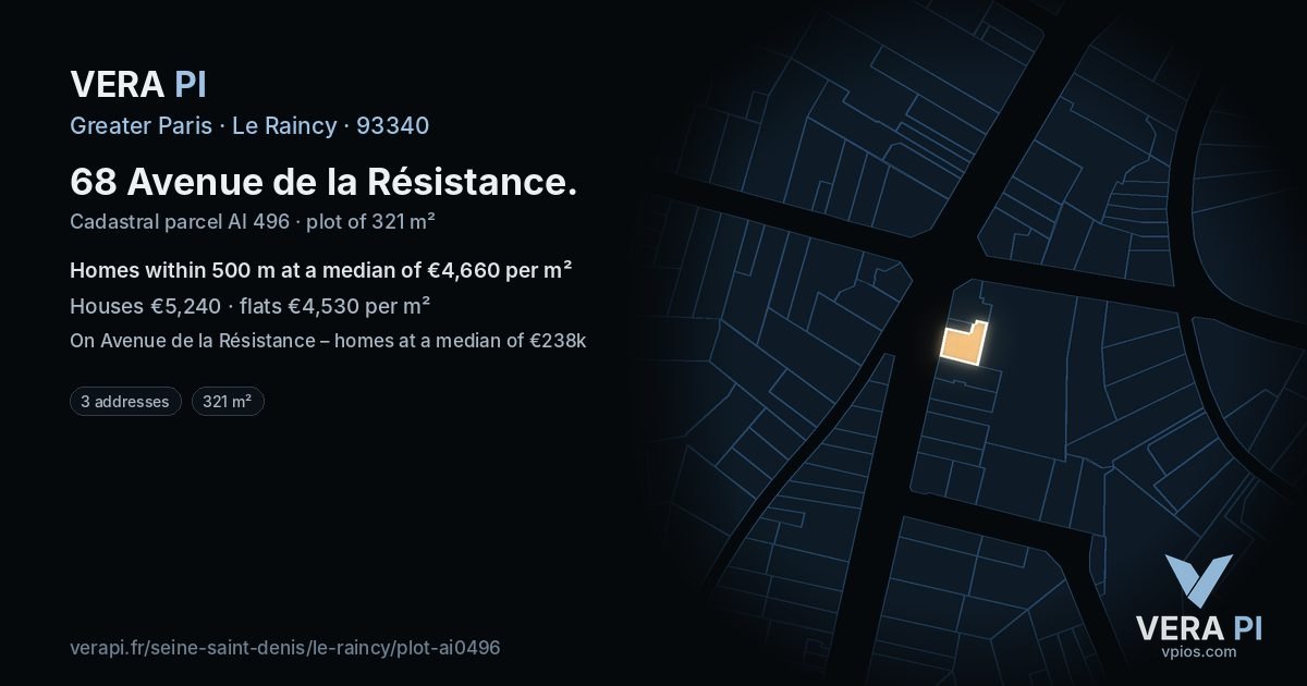 68 Avenue de la Résistance, Le Raincy at night – the plot lit, the parcels around coloured by the prices near them