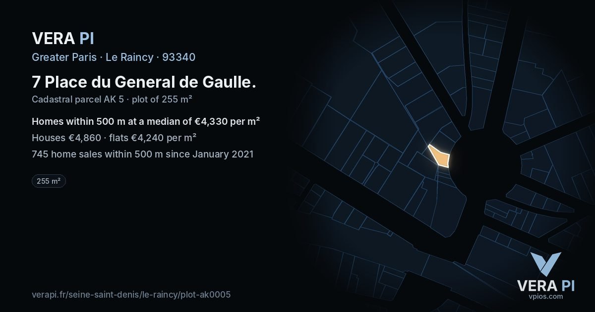 7 Place du General de Gaulle, Le Raincy at night – the plot lit, the parcels around coloured by the prices near them