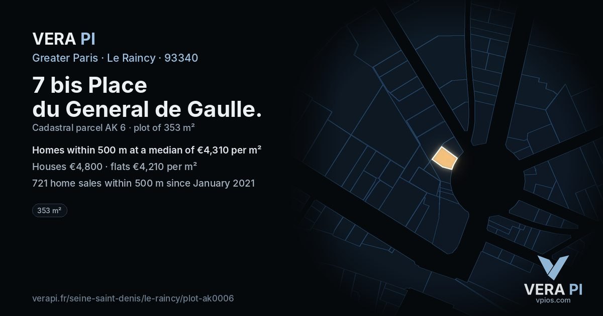 7 bis Place du General de Gaulle, Le Raincy at night – the plot lit, the parcels around coloured by the prices near them