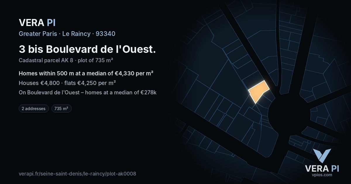 3 bis Boulevard de l'Ouest, Le Raincy at night – the plot lit, the parcels around coloured by the prices near them
