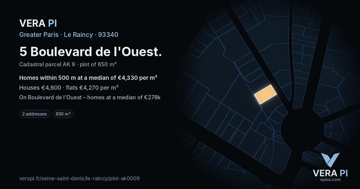 5 Boulevard de l'Ouest, Le Raincy at night – the plot lit, the parcels around coloured by the prices near them