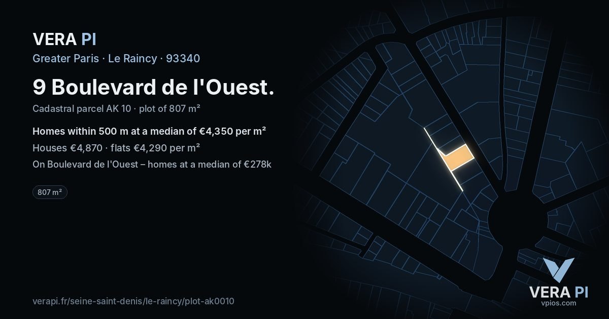 9 Boulevard de l'Ouest, Le Raincy at night – the plot lit, the parcels around coloured by the prices near them