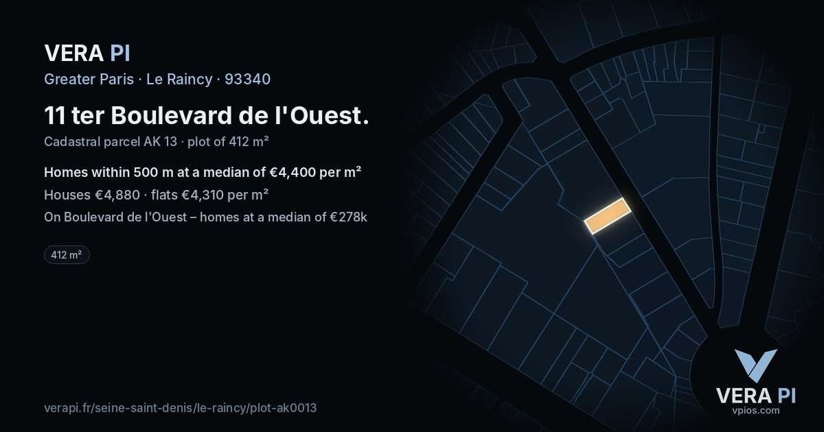 11 ter Boulevard de l'Ouest, Le Raincy at night – the plot lit, the parcels around coloured by the prices near them