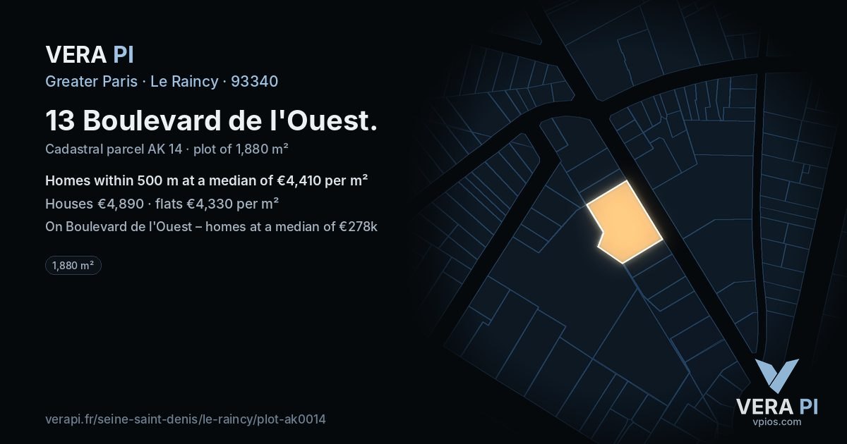 13 Boulevard de l'Ouest, Le Raincy at night – the plot lit, the parcels around coloured by the prices near them