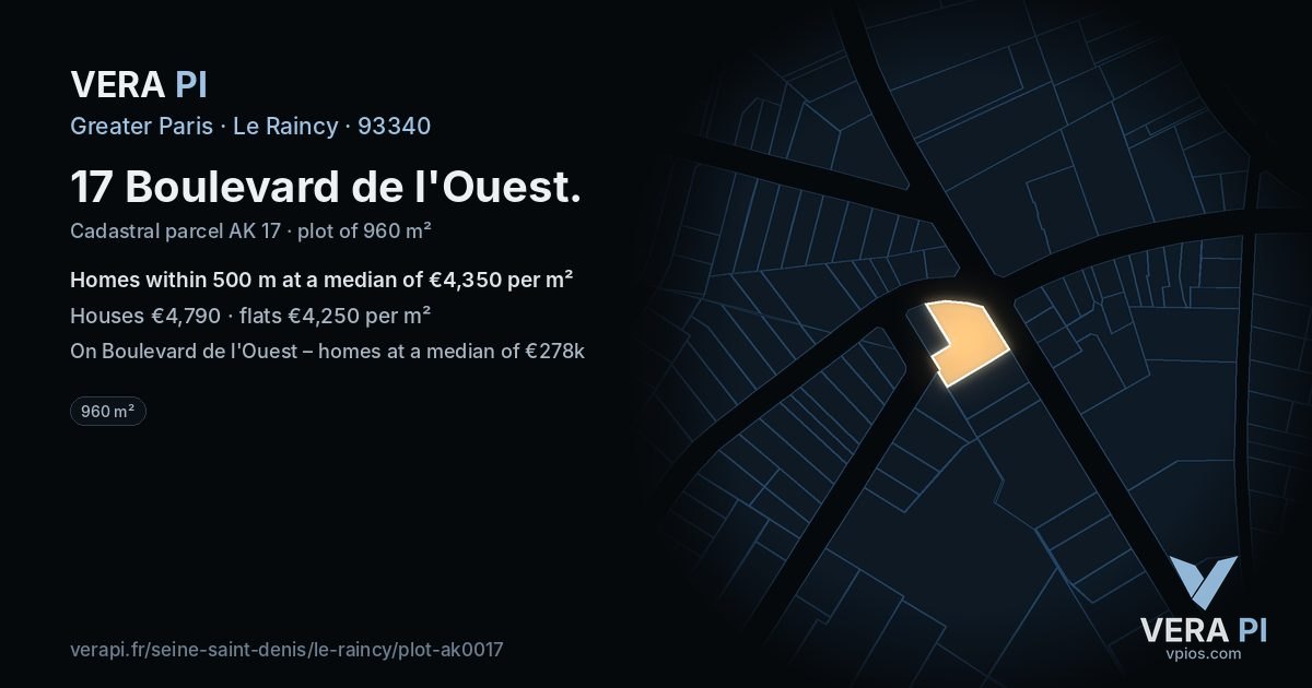 17 Boulevard de l'Ouest, Le Raincy at night – the plot lit, the parcels around coloured by the prices near them