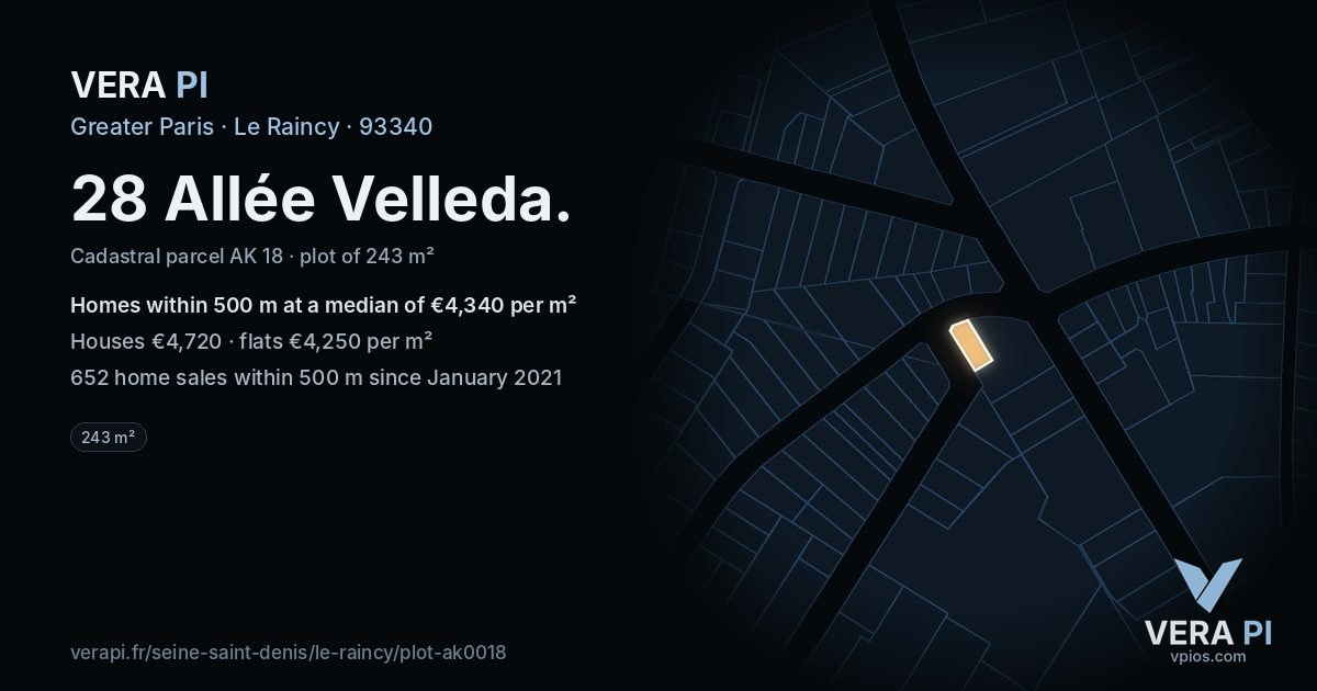 28 Allée Velleda, Le Raincy at night – the plot lit, the parcels around coloured by the prices near them