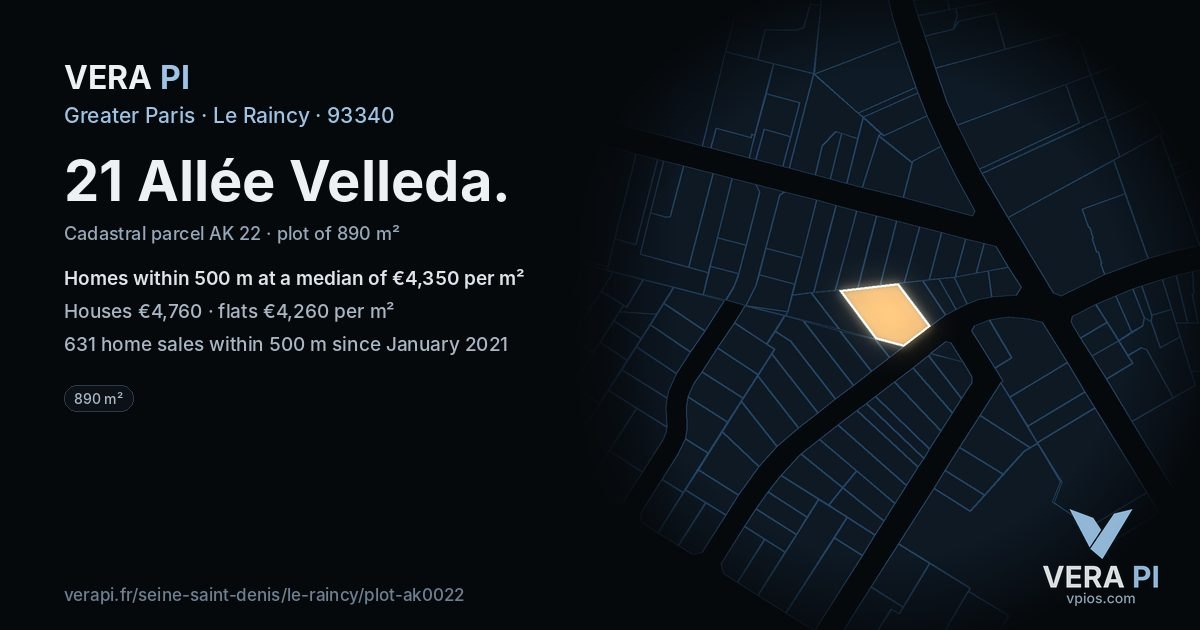 21 Allée Velleda, Le Raincy at night – the plot lit, the parcels around coloured by the prices near them