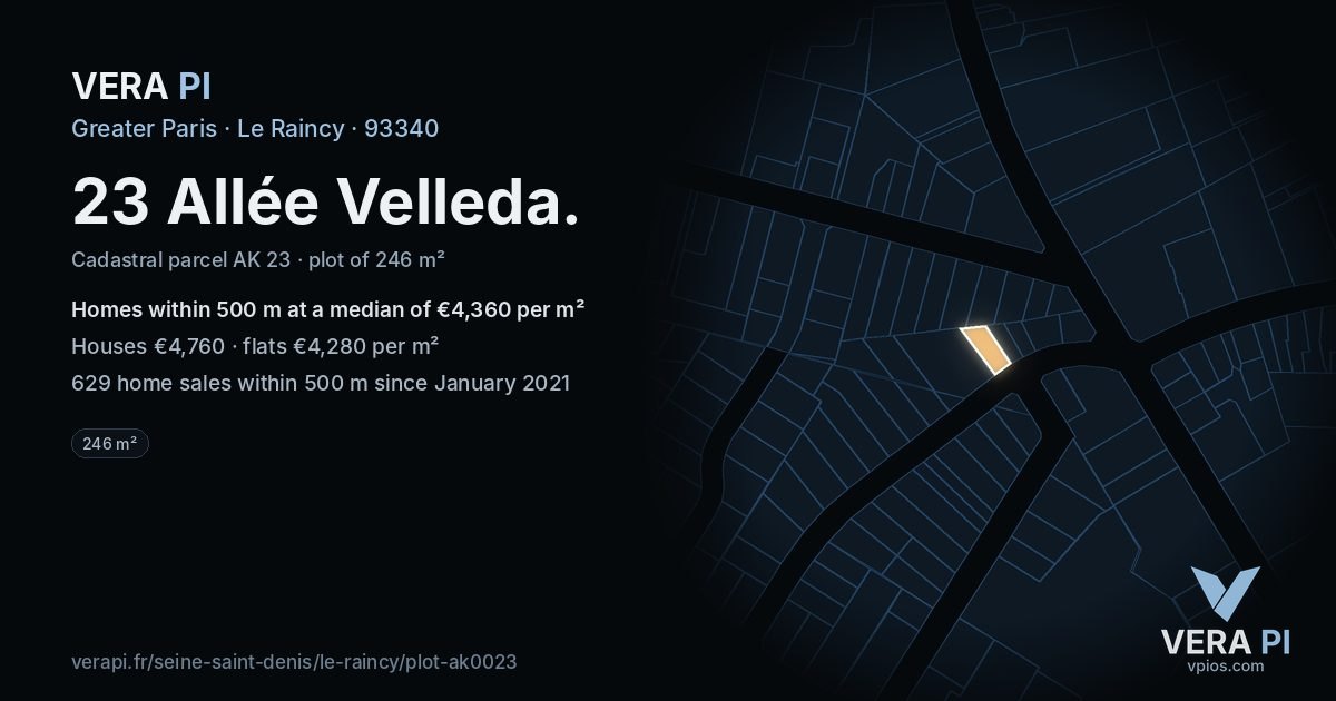 23 Allée Velleda, Le Raincy at night – the plot lit, the parcels around coloured by the prices near them