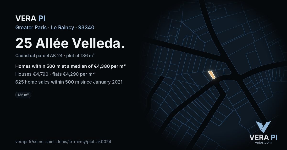 25 Allée Velleda, Le Raincy at night – the plot lit, the parcels around coloured by the prices near them