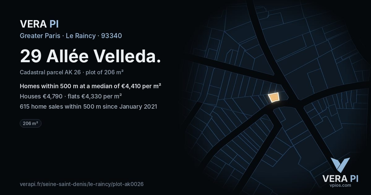 29 Allée Velleda, Le Raincy at night – the plot lit, the parcels around coloured by the prices near them