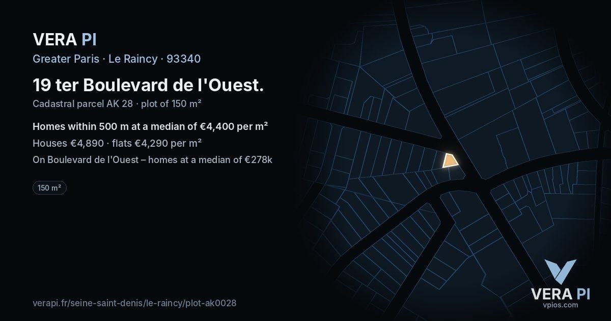 19 ter Boulevard de l'Ouest, Le Raincy at night – the plot lit, the parcels around coloured by the prices near them