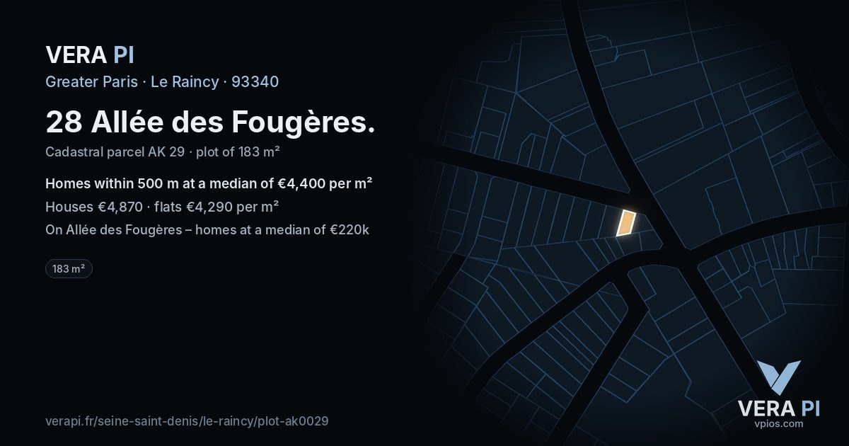 28 Allée des Fougères, Le Raincy at night – the plot lit, the parcels around coloured by the prices near them