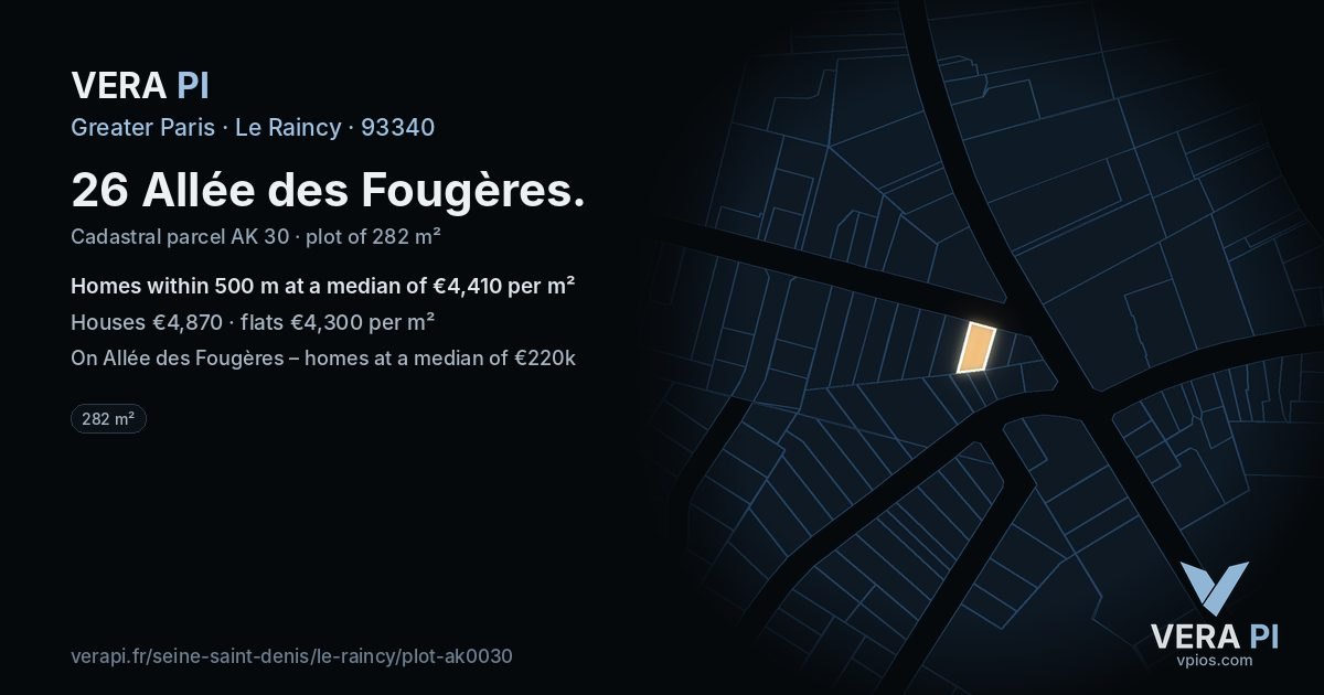 26 Allée des Fougères, Le Raincy at night – the plot lit, the parcels around coloured by the prices near them