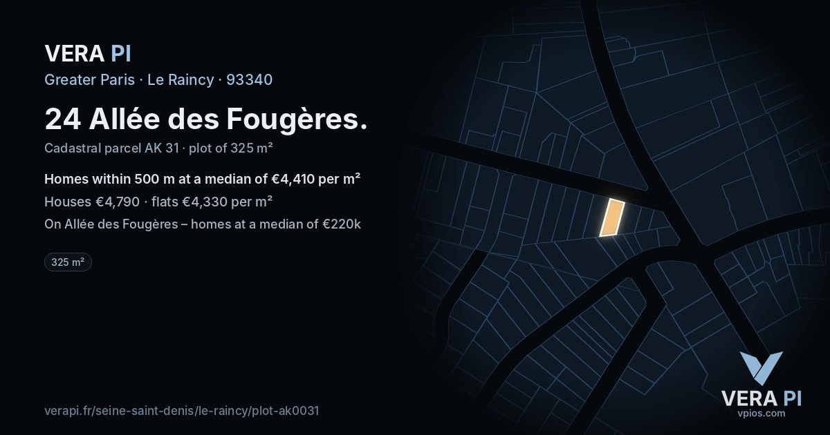 24 Allée des Fougères, Le Raincy at night – the plot lit, the parcels around coloured by the prices near them