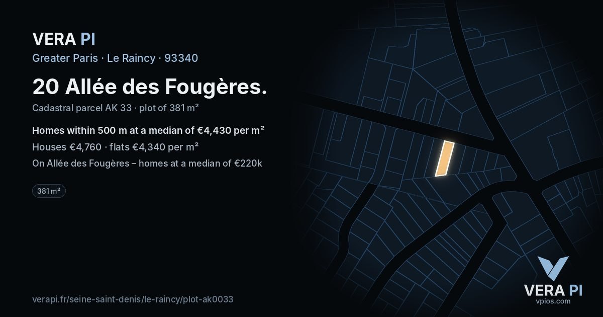 20 Allée des Fougères, Le Raincy at night – the plot lit, the parcels around coloured by the prices near them