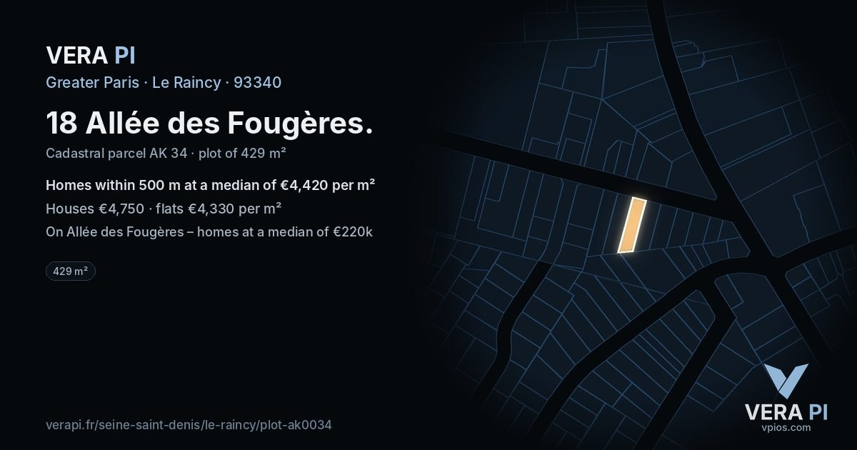 18 Allée des Fougères, Le Raincy at night – the plot lit, the parcels around coloured by the prices near them