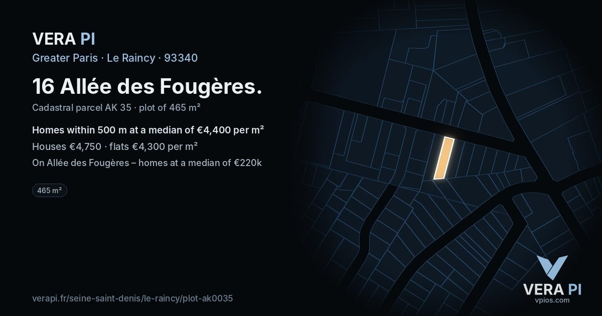 16 Allée des Fougères, Le Raincy at night – the plot lit, the parcels around coloured by the prices near them