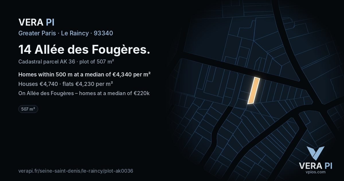 14 Allée des Fougères, Le Raincy at night – the plot lit, the parcels around coloured by the prices near them