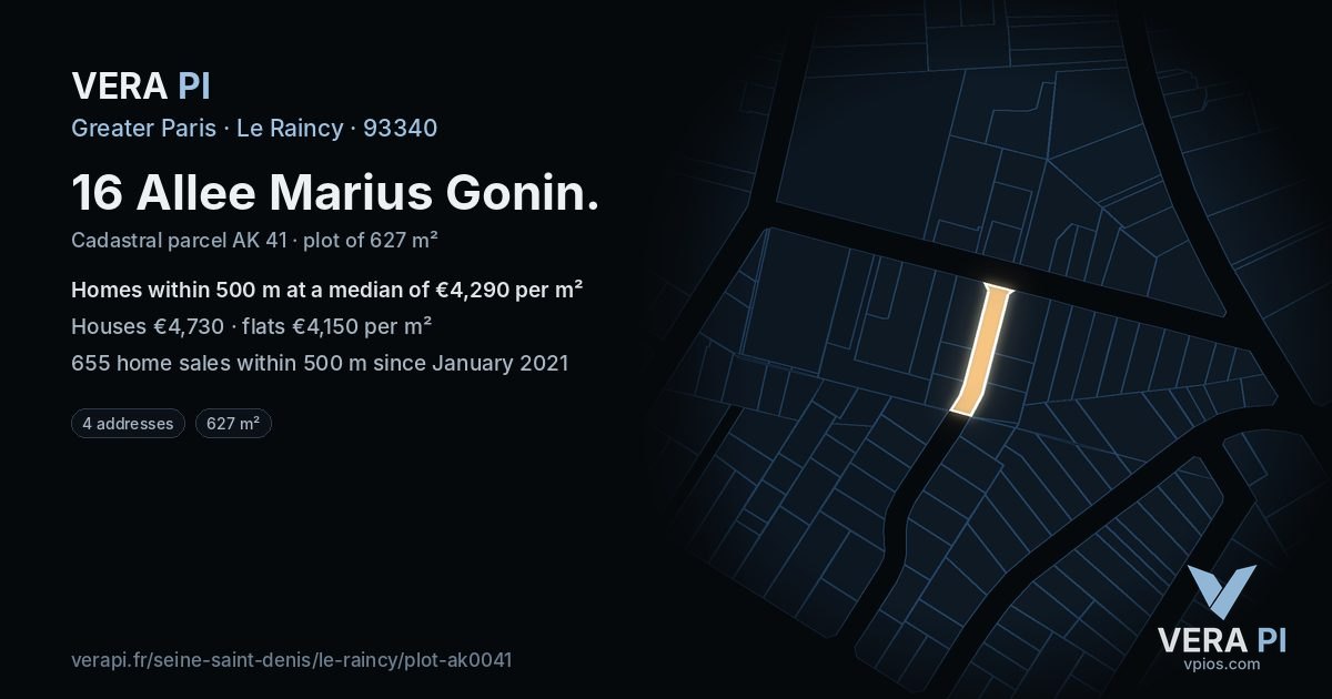 16 Allee Marius Gonin, Le Raincy at night – the plot lit, the parcels around coloured by the prices near them
