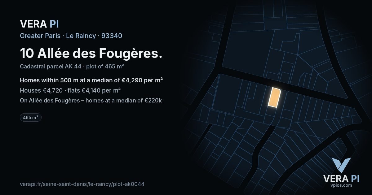 10 Allée des Fougères, Le Raincy at night – the plot lit, the parcels around coloured by the prices near them