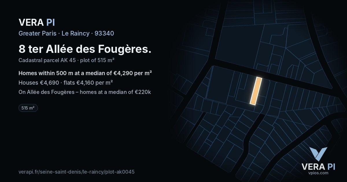 8 ter Allée des Fougères, Le Raincy at night – the plot lit, the parcels around coloured by the prices near them
