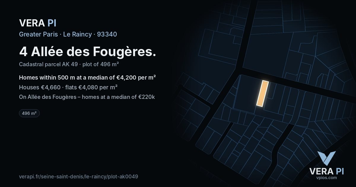 4 Allée des Fougères, Le Raincy at night – the plot lit, the parcels around coloured by the prices near them