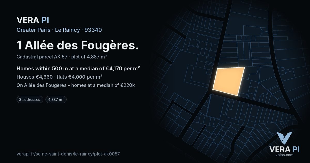 1 Allée des Fougères, Le Raincy at night – the plot lit, the parcels around coloured by the prices near them