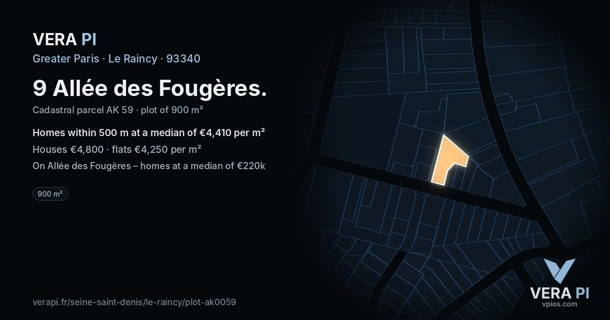 9 Allée des Fougères, Le Raincy at night – the plot lit, the parcels around coloured by the prices near them